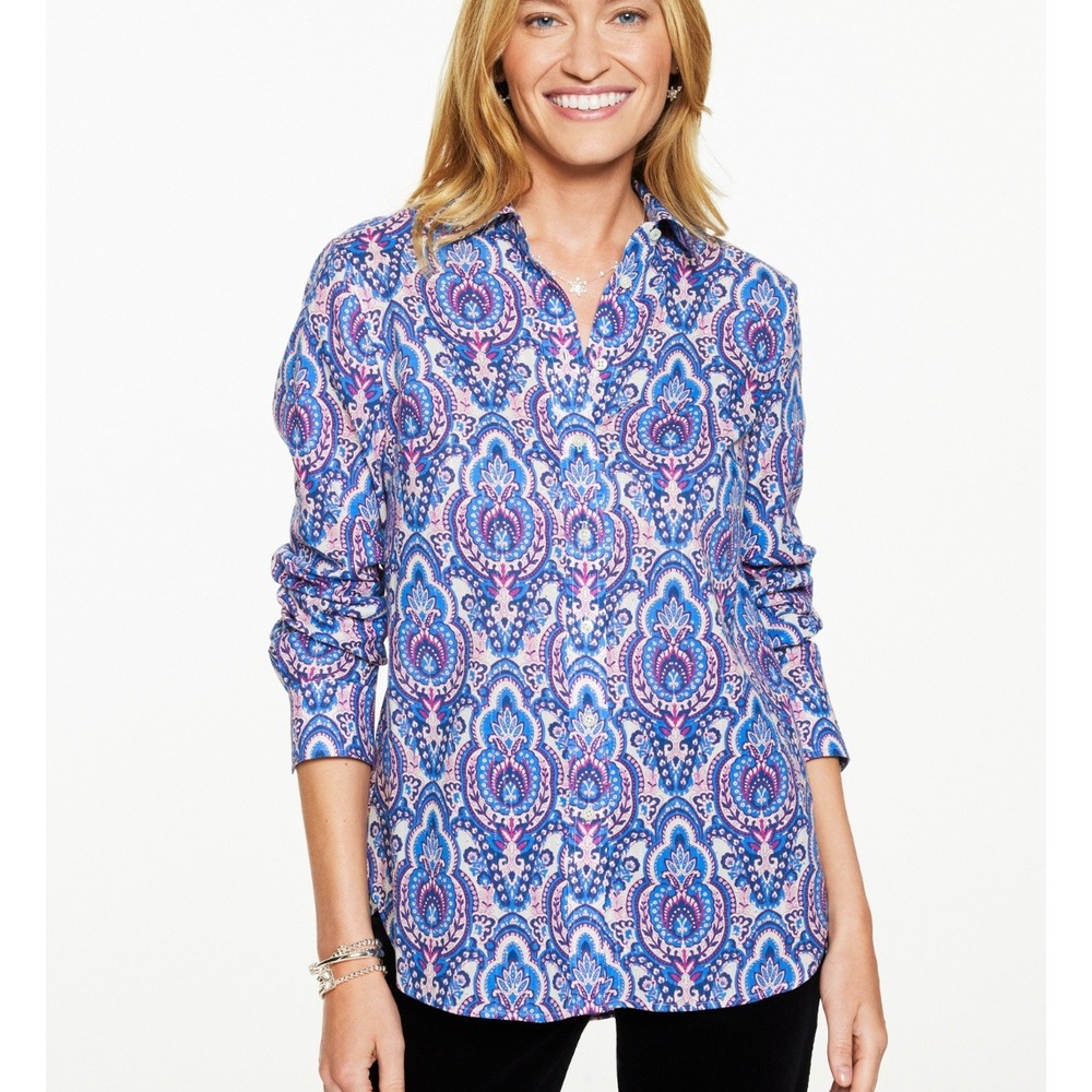 Talbots Petite Blue Purple Paisley Metallic Cotton Button Down Shirt Casual SP